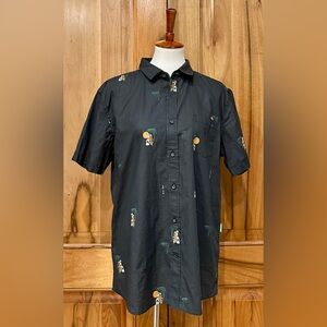 Vissla Aloha Amigo Skull/Parrot/Palm Tree Print Short-Sleeve Button-Down, EUC, L